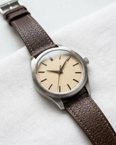 A close view of a considered watch dial and leather strap
